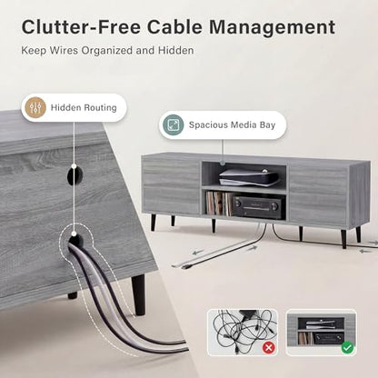 YESHOMY Mid-Century Modern TV Stand for 55-65 Inch TVs, 58 Inch Entertainment Center with Storage, Media Console with Push-to-Open Doors and Cable Management for Living Room, Bedroom(Light Gray)