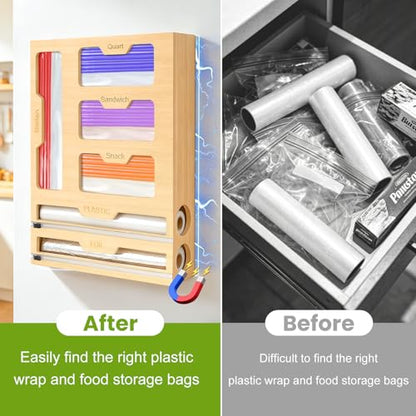 6-in-1 Magnetic Food Bag Storage Organizer for Drawer and Refrigerator, Bamboo Bag Organizer and Plastic Wrap Dispenser with Cutter, Fits Gallon, Quart, Sandwich, Snack Bags