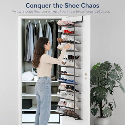 Whitmor 36 Pair Over the Door Shoe Organizer, 12 Tier Hanging Shoe Organizer, Heavy Duty Metal & Mesh Shoe Holder, Hanging Shoe Rack for Closet Storage, 74"H x 21.7"W x 7.5"D, Gunmetal Gray