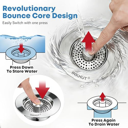 Upgraded 3 in 1 Kitchen Sink Drain Strainer (Silver-2Pack) | Stainless Steel Sink Stopper, Anti-Clogging Food Catcher Basket, Bounce Core Drain Strainer Plug for 3 1/2 inch Drain