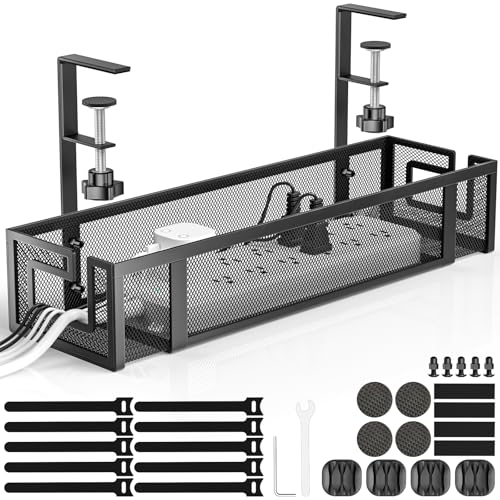 Under Desk Cable Management Tray, GZOKMOG 15.75" No Drill Cable Management, | Heavy Duty Metal Cord Organizer Under Desk, Home Office Wire Management Tray Clamp for Standing/Gaming Desk, Black