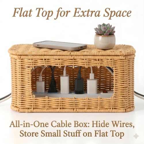 Rattan Cable Management Box, Cord Organizer to Hide Cords & Power Strip | Metal framed handwoven rattan, ventilated to dissipate heat. Octagonal design & dual rear cable slots, boho home office decor
