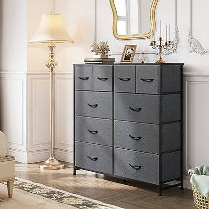 WLIVE 10 Drawer Fabric Dresser Bedroom Tall Storage Tower, Dark Grey | 10-drawer fabric storage tower with wood top, thickened steel frame, perfect for bedroom closet living room organization