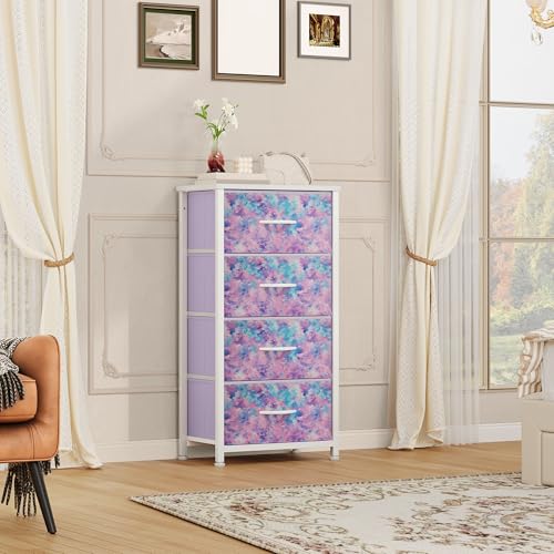 DWVO Dresser with 4 Drawers, Purple | Storage Tower Unit, For Room, Living Room, Closets, Sturdy Steel Frame, Wooden Top & Easy Pull Fabric Bins