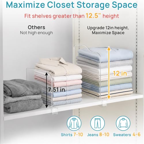 Vtopmart 12" Extra Tall x 11.7" Deep Shelf Dividers, 12 Pack | For Closet Organization, Maximizes Closet Vertical Space, Easy to Install, Fit Deep Shelf Thicknesses From 0.4" to 1.35"