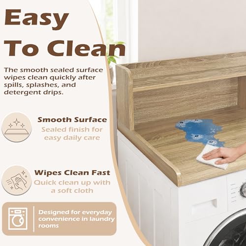 Royxen Laundry Countertop with 2-Tier Shelf Universal Fit, Washer and Dryer Countertop with Storage Space, Shelf Height 11.5 Inches, Solid Wood Core, White Oak