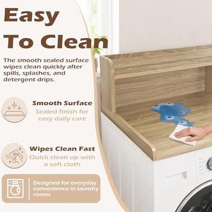 Royxen Laundry Countertop with 2-Tier Shelf Universal Fit, Washer and Dryer Countertop with Storage Space, Shelf Height 11.5 Inches, Solid Wood Core, White Oak
