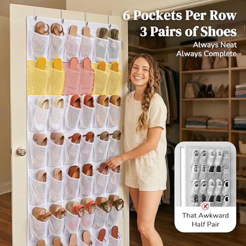 48 Pockets Over The Door Shoe Organizer, Large Mesh Hanging Shoe Rack, 6-Column Heavy Duty Shoe Storage for Sneakers and Heels, Behind Door Holder for Entryway Bedroom Dorm College, White