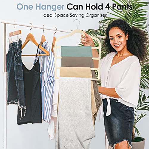 Velvet Hangers Space Saving Non Slip Pant Velvet Hangers Multi Layer Hanger | 8 Pack Beige Clothes Hangers Closet Organizer for Pants Trousers Scarf