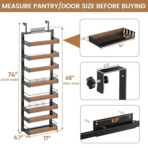 POKIPO 8 Tier Over The Door Pantry Organizer, 2 IN 1 Wall Mount or Hanging Spice Rack Seasoning Shelves with Adjustable Basket, Back of Door Organizer and Storage for Kitchen Cabinet and Room Closet