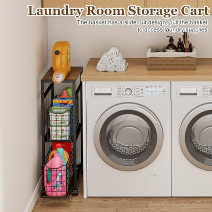 Hongtamoya 3 Tier Laundry Room Cart with Pull-Out Baskets, Utility Slim Storage Cart with Wheels Small Rolling Cart with Wood Top Metal Narrow Bathroom Laundry Room Organization Trolley, Black