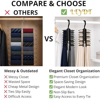 Tie Hanger for Men – 2 Pack Space-Saving Tie Organizer for Closet – Durable Plastic Scarf & Belt Hanger – 20-Tie Capacity Rack, Black – Closet Organizer for Ties, Scarves & Accessories