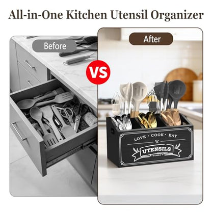 Black Kitchen Utensil Holder With 5 Compartments F... (Black | Pine Wood)