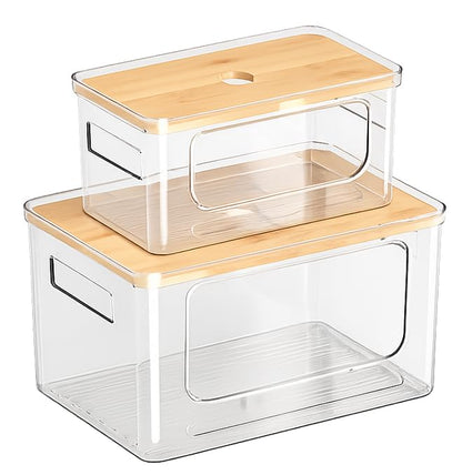 2 Pack Trash Bag Dispenser with Anti-Slip Pads (XL+S) - Stackable Garbage Bag Dispenser with Bamboo Lid and Anti-Slip Bottom, Laundry Room, Pantry, Under Sink Organizer and Storage