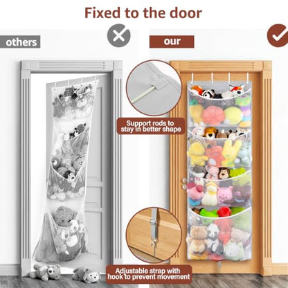 Over Door Stuffed Animal Storage, Hanging Plush Toy Organizer Holder | Behind Door Organizer with 4 Large Pockets, Mesh Hammock Bag for Doll & Bear Stuffies, Idea for Girl Boy Kid Nursery Closet