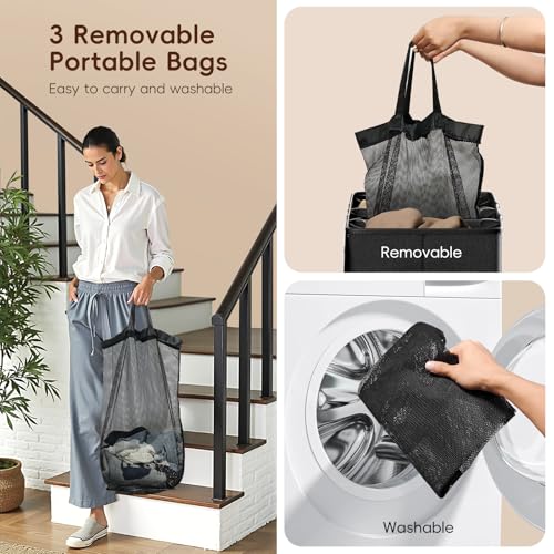 185L Laundry Hamper 3 Section, Laundry Hamper with Lid, Dirty Clothes Hamper with 3 Removable Washing Bags, Extra Large Laundry Basket Organizer for Bedroom, Laundry Room, Dorm - Black
