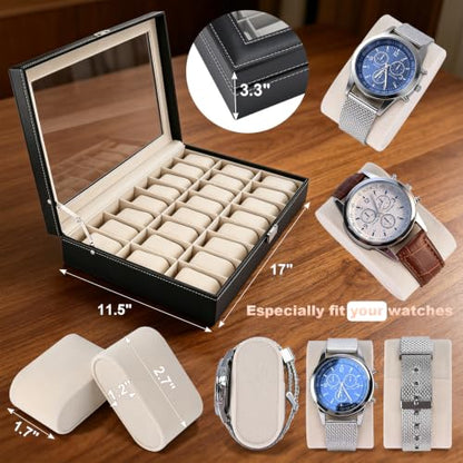 Artilife 24 Slot Watch Box for Men, Watch Cases for Men, Watch Display Case, Glass Top PU Leather Watch Storage Organizer with Removable Pillows for Him