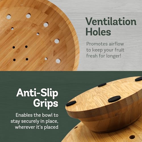 Wooden Fruit Bowl for Kitchen Counter, Bamboo Pedestal Fruit Basket, Vented | Keeps Produce Fresh Longer, Airflow Holes Reduce Trapped Moisture, Anti Slip Base, Holds Bananas and Vegetables, Frutero