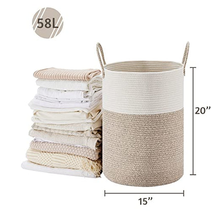 Tall Woven Laundry Basket Hamper 58L, White Brown