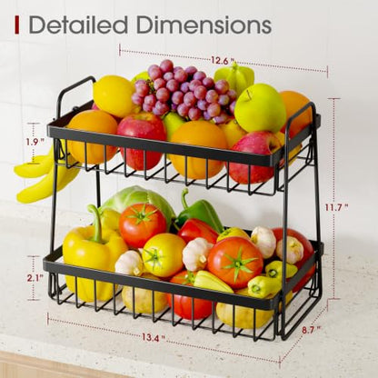 Fruit Basket for Kitchen Counter - 2-Tier Fruit Bowl with Removable Banana Hanger & Handles, Rustproof Fruit Holder for Kitchen, Living Room, Bathroom, 13.4"×8.7"×11.7", Black