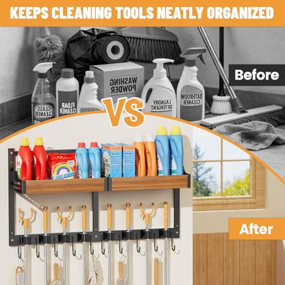 Broom and Mop Organizer Wall Hanging, Broom Holder Wall Mount with Cleaning Supplies Organizer, Broom Hanger Wall Mount with Storage Shelf and Hooks for Laundry Room Garage Kitchen