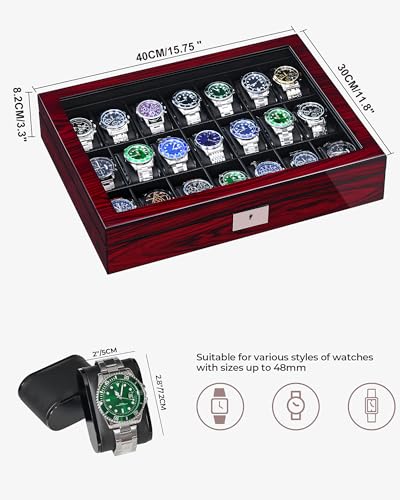 ANWBROAD 21 Slot Watch Cases for Men, Watch Box Organizer with Large Glass | Red Piano Finish, Lid Lockable Wooden Watch Display Case, Watch Organizer for Men Women Watch Holder, Watch Storage UJWB004Y
