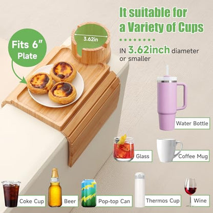 Couch Cup Holder Tray,Large Bamboo Couch Armrest Table with Cup Holder,Foldable Anti-Slip Sofa Arm Tray for Coffee Cup,Water Bottles,Mug,Snacks,Remote