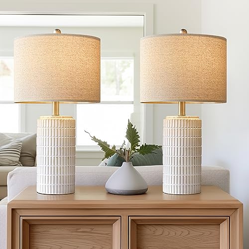 23" Modern Ceramic Table Lamp Set of 2 for Living... (2 Count | Beige and White | Ceramic, Linen)
