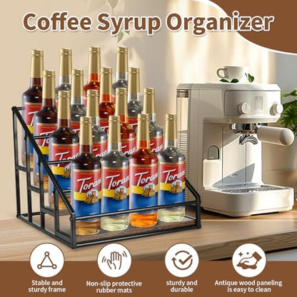4-Tier Coffee Syrup Organizer, 16-Bottle Rack, Rustic Brown | Holds up to 16 bottles with stepped visibility; rustic wood and metal design for syrups, kitchens, and home coffee bars.