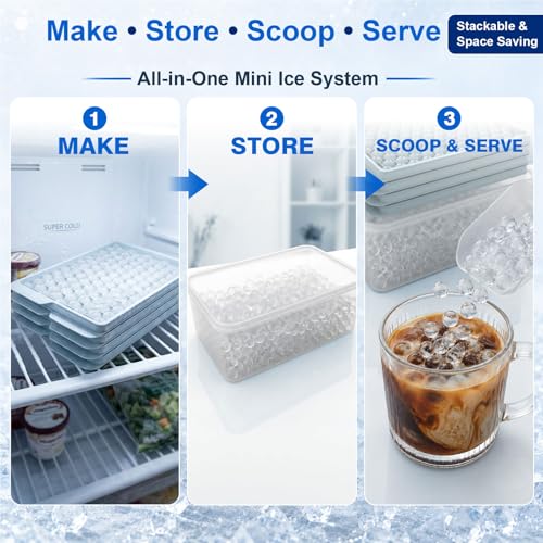 Mini Ice Cube Trays with Lid & Bin, Tiny Pebble Ice Balls for Coffee | Make 416 Mini Ice Balls with 4 Trays, Easy Release, Stackable, Scoop Included, for Iced Coffee, Drinks and Daily Use