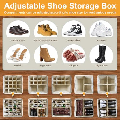 2 Pack Large Shoe Organizer for Closet, Adjustable Dividers Shoe Storage Bins Boxes, Foldable Shoe Holder Cube Containers with Clear Cover for Men’s Shoes, High Heel,Sneaker,Slippers,Boots(Beige)