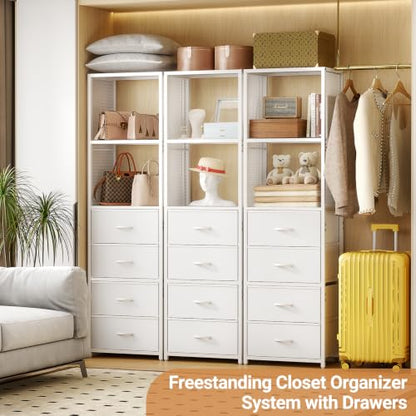 3IngSeagulls Closet Drawer Organizer, Freestanding Closet System with 4 Drawers, Walk-in Closet Storage Unit with Wooden Top & 2-Tier Shelves for Small Closets, Tall Bookshelf Storage Cabinet, White