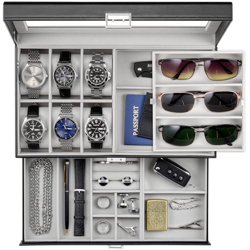 ProCase Mens Jewelry Box, 6 Slot Watch Box & 3 Slot Sunglass Holder -Black | 2-layer Lockable Sunglasses Jewelry Organizer Storage for Men, Watch Display Case with Drawer, Clear Lid, Father Gift