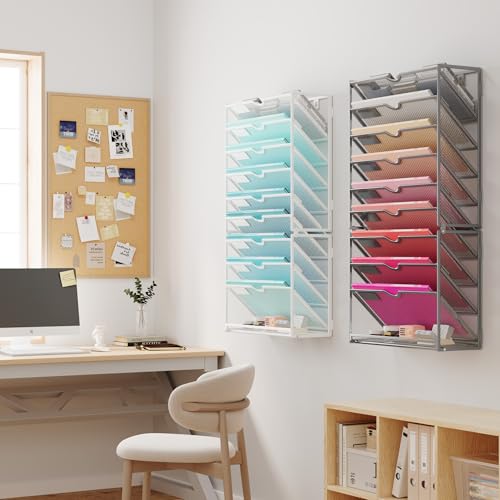 Lavatino 10-Tier Hanging Wall File Folders Organizer - White Metal Mesh Paper Magazine Document Mail Holder File Organizer for Office School Home Wall Mount or Desk Supplies Organization