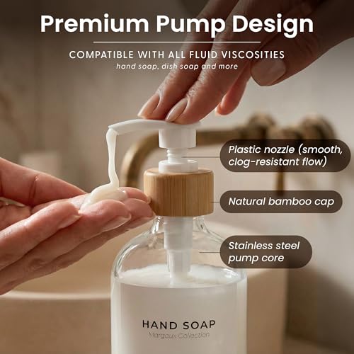MaisoNovo Glass Dish Soap Dispenser for Kitchen Set of 2-16.9oz Clear Dish and Hand Soap Dispenser Set for Kitchen - Clear Glass Bottles x 2 with White Bamboo Pumps & Tray