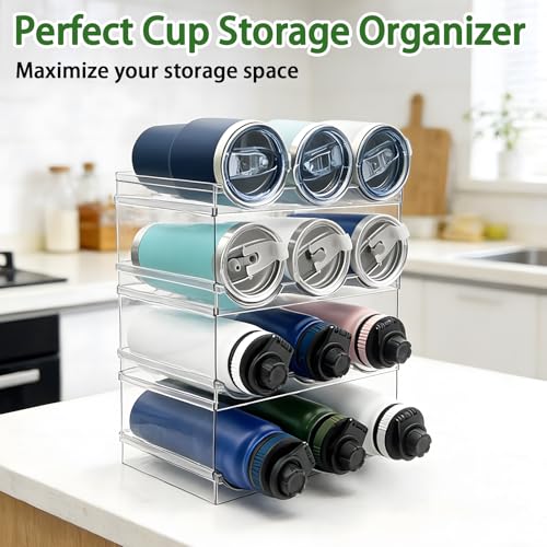 4 Pack Water Bottle Organizer, Stackable Kitchen Pantry Organization and Storage Shelf, Plastic Bottle Holder for Fridge Kitchen Cabinet Organizer and Storage, Tumbler Mug Cup Organizer