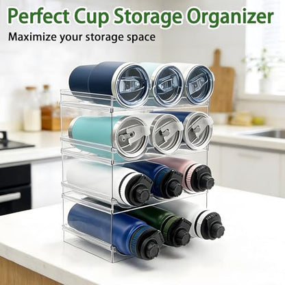 4 Pack Water Bottle Organizer, Stackable Kitchen Pantry Organization and Storage Shelf, Plastic Bottle Holder for Fridge Kitchen Cabinet Organizer and Storage, Tumbler Mug Cup Organizer