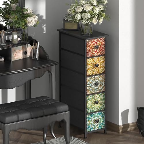 GiftGo Retro Skinny Dresser with Fabric Drawers Thin Slim Boho Mandala Flower Chest of Drawers Narrow Storage Tower for Small Spaces Gaps Bedroom Beautiful Nightstand Living Room Table