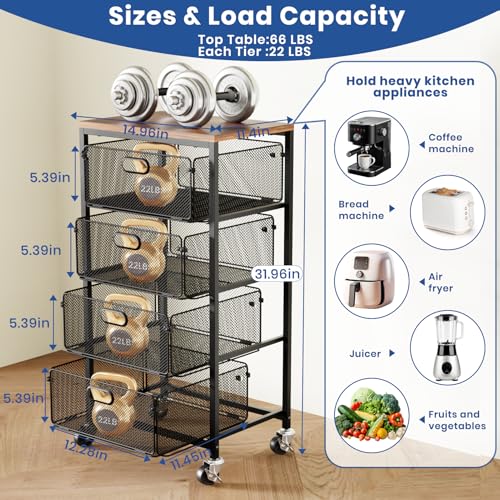 Kitchen Cart with Drawers, Lockable Wheels with Wooden Top, Black | 4 Tier Metal Rolling Utility Cart Organizer, Fruit Vegetable Storage Rack Also for Cans, Snack, Craft, Art, Office, Beauty