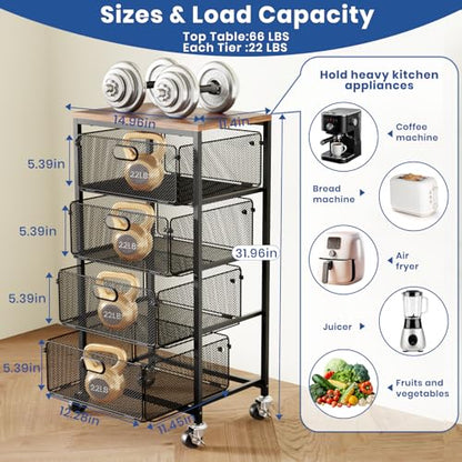 Kitchen Cart with Drawers, Lockable Wheels with Wooden Top, Black | 4 Tier Metal Rolling Utility Cart Organizer, Fruit Vegetable Storage Rack Also for Cans, Snack, Craft, Art, Office, Beauty