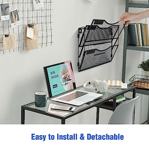 Wall File Organizer 3 Pockets, Mail Organizer, Hanging Folder Holder, Foldable | Hanging or Wall Mounted | Label Panel | 2 Hooks | Office Home School Organizer, Black