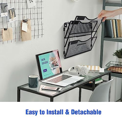Wall File Organizer 3 Pockets, Mail Organizer, Hanging Folder Holder, Foldable | Hanging or Wall Mounted | Label Panel | 2 Hooks | Office Home School Organizer, Black