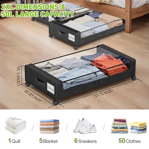 Under Bed Storage with Wheels, 2-Pack Underbed Storage Containers with Clear Lids, Under Bed Shoe Storage Organizer, Rolling Under the Bed Storage Bins for Clothes Shoes Blankets (Black)