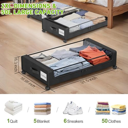 Under Bed Storage with Wheels, 2-Pack Underbed Storage Containers with Clear Lids, Under Bed Shoe Storage Organizer, Rolling Under the Bed Storage Bins for Clothes Shoes Blankets (Black)