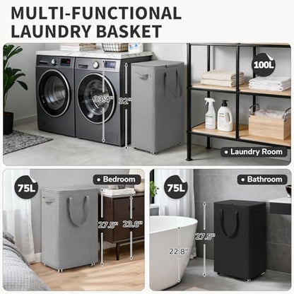 Goodpick 75L Rolling Laundry Hamper with Removable Wash Bag, Grey | 16.5 × 12.5 × 27.5 in, Reinforced Handles, Collapsible Design, Bathroom & Dorm Organization, Clothes & Blankets Storage