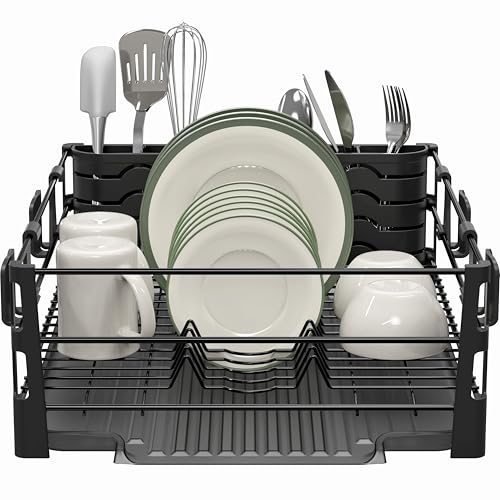 Simple Houseware Dish Drying Rack, Black | with Drainboard, Utensil Holder and Mug Hooks