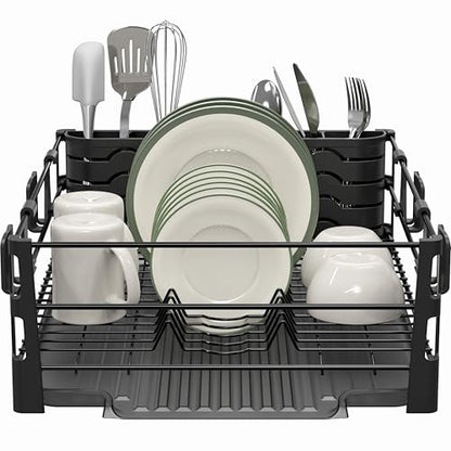 Simple Houseware Dish Drying Rack, Black | with Drainboard, Utensil Holder and Mug Hooks