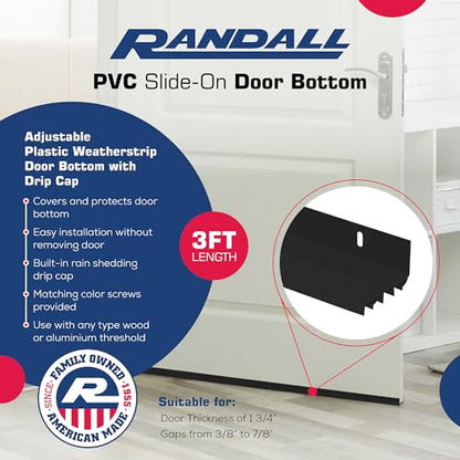 PVC Slide-On Door Bottom | Adjustable Plastic Weatherstrip Door Bottom with Drip Cap | 3 Feet (36-Inch) | for 1 3/4” Doors | Black | Fits Gaps 3/8” to 7/8” | Made in The USA