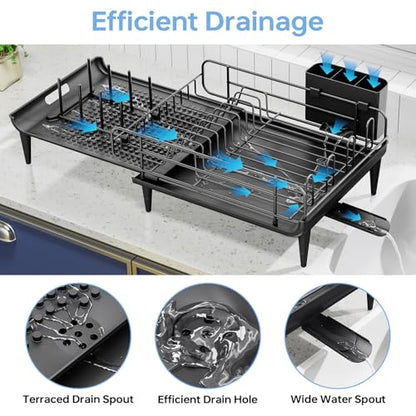 TOOLF Lagre Dish Drying Rack, Expandable Sink Dish Drainer, Black | Extendable 16.7" to 26.8", Stainless steel, Rust-proof, Fits Kitchen counter, Fast Drainage, Cutlery Holder, Space-Saving