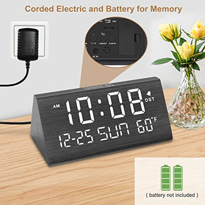 DreamSky Digital Alarm Clock for Bedrooms - Wooden Desk Clock with Date | Day of Week, USB Port, Temperature, Dimmer for Bedside Table, Living Room, Office, Adjustable Volume, Auto DST, Wood Decor